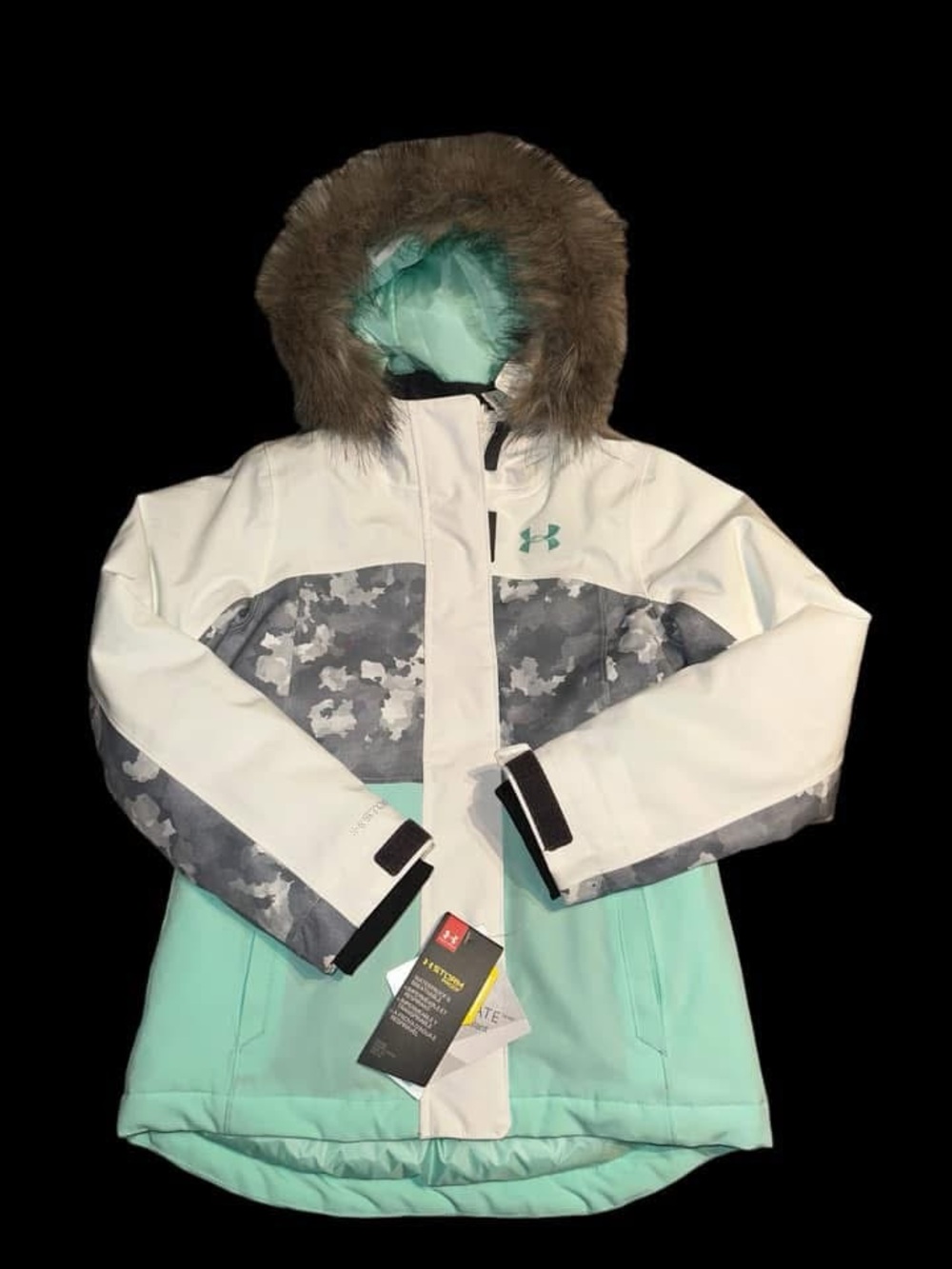 Under Armour Girls Mint, White & Gray Winter Puffer Jacket with Faux-Fur Hood